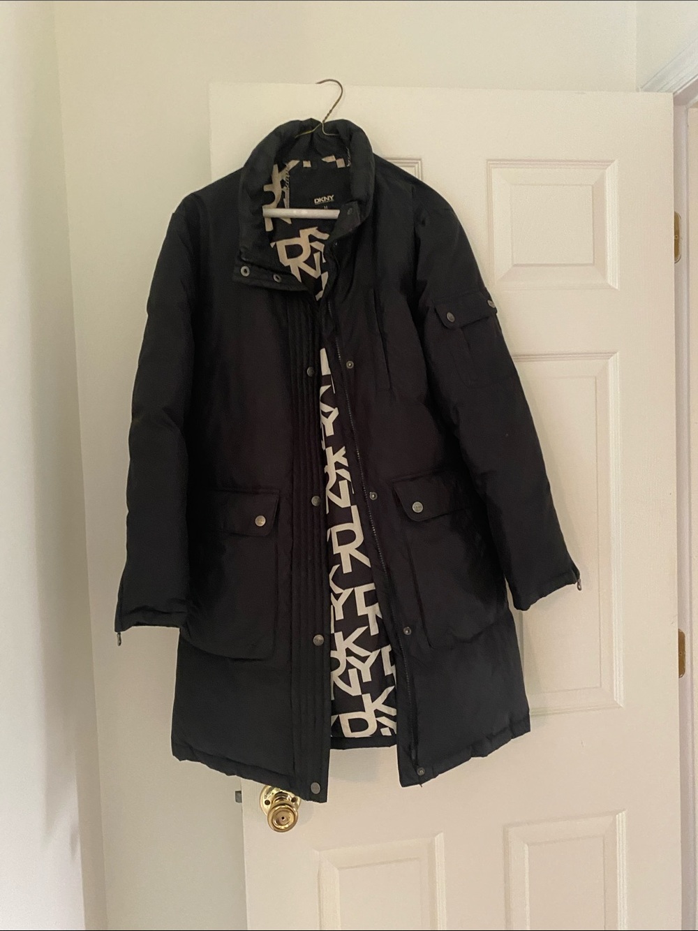 DKNY Black Long Logo-Lined Puffer Coat